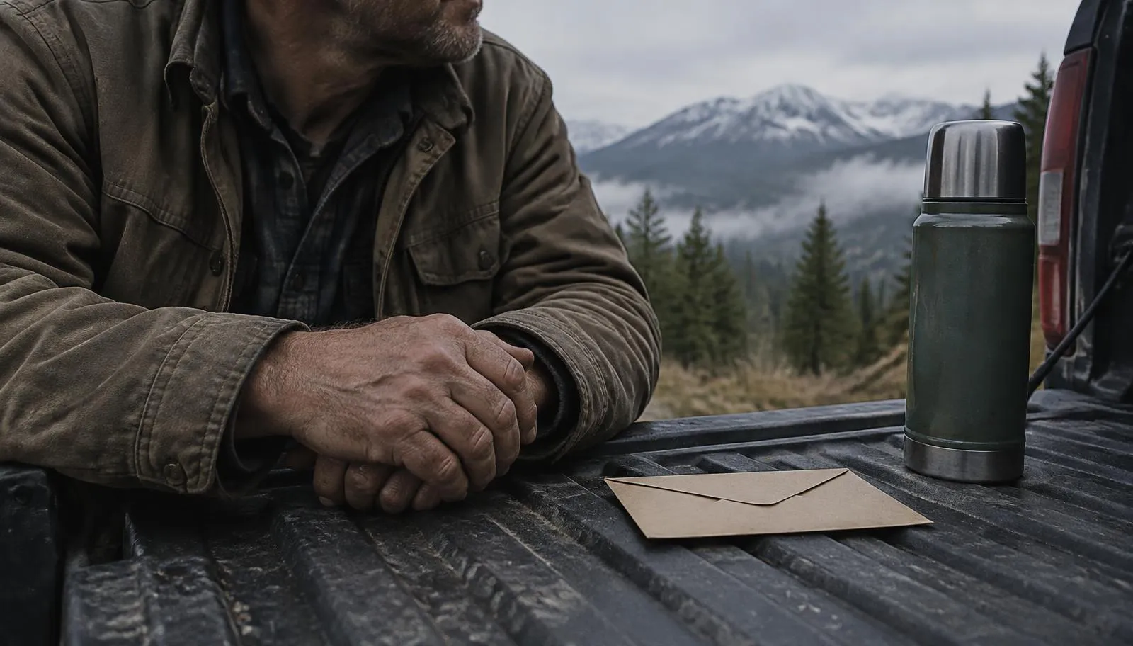 Hunter's weathered hands on a truck tailgate beside a plain envelope and thermos, misty mountains behind