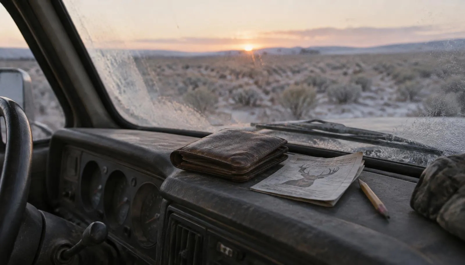 Worn leather wallet and a folded hunting license on a pickup dashboard at a frosty sagebrush sunrise