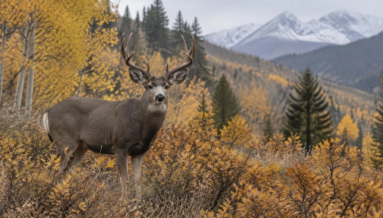 Mule deer buck in golden aspen and oak brush below snowy Colorado peaks