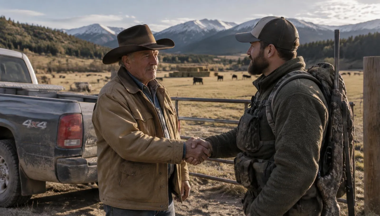 Rancher and hunter shaking hands at a Colorado ranch gate beside a pickup, mountains behind