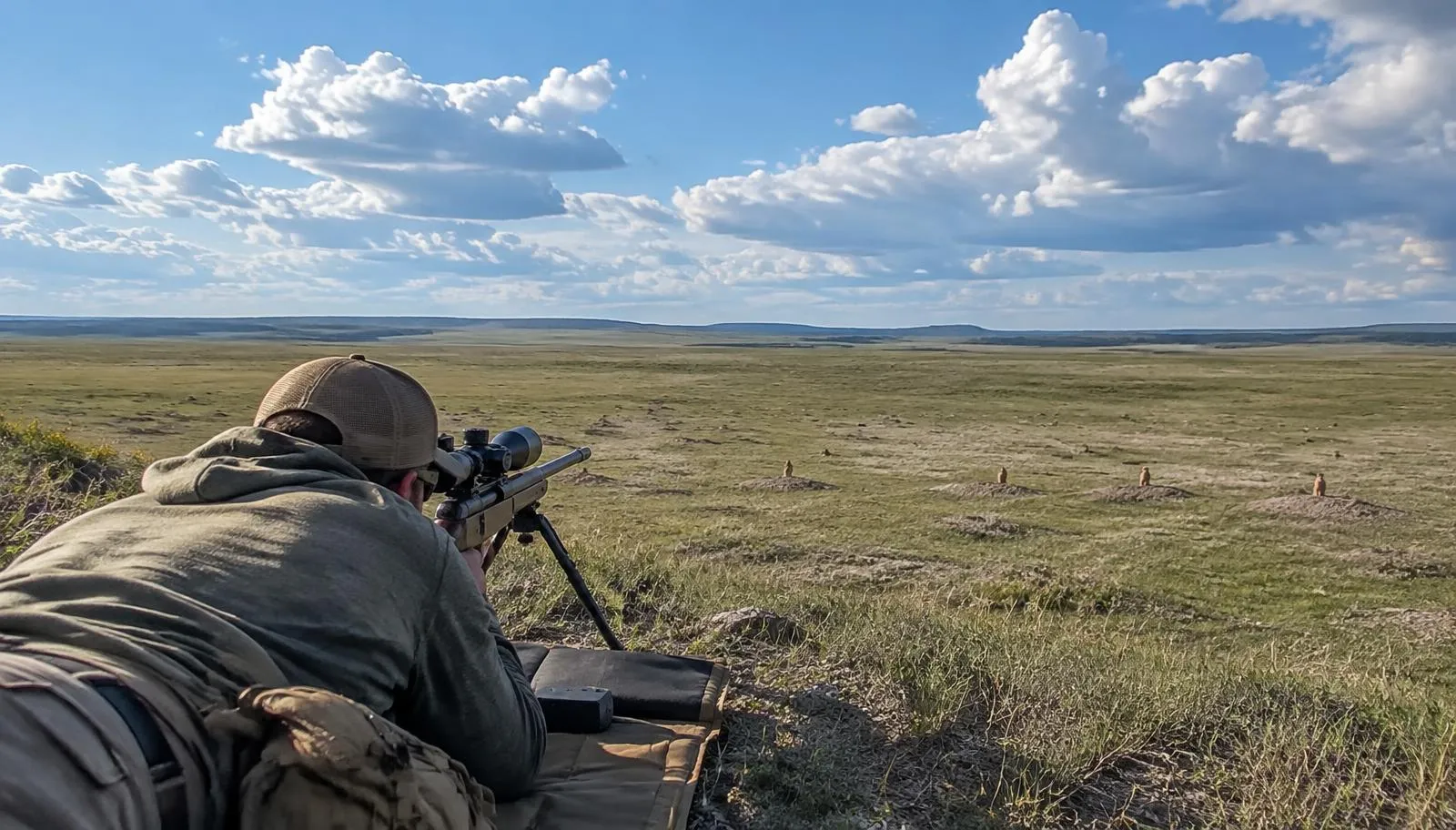 Prairie Dog Hunting by State: 2026 Rules and Where to Book Shooter lying prone behind a bipod rifle overlooking a prairie dog town on open shortgrass rangeland