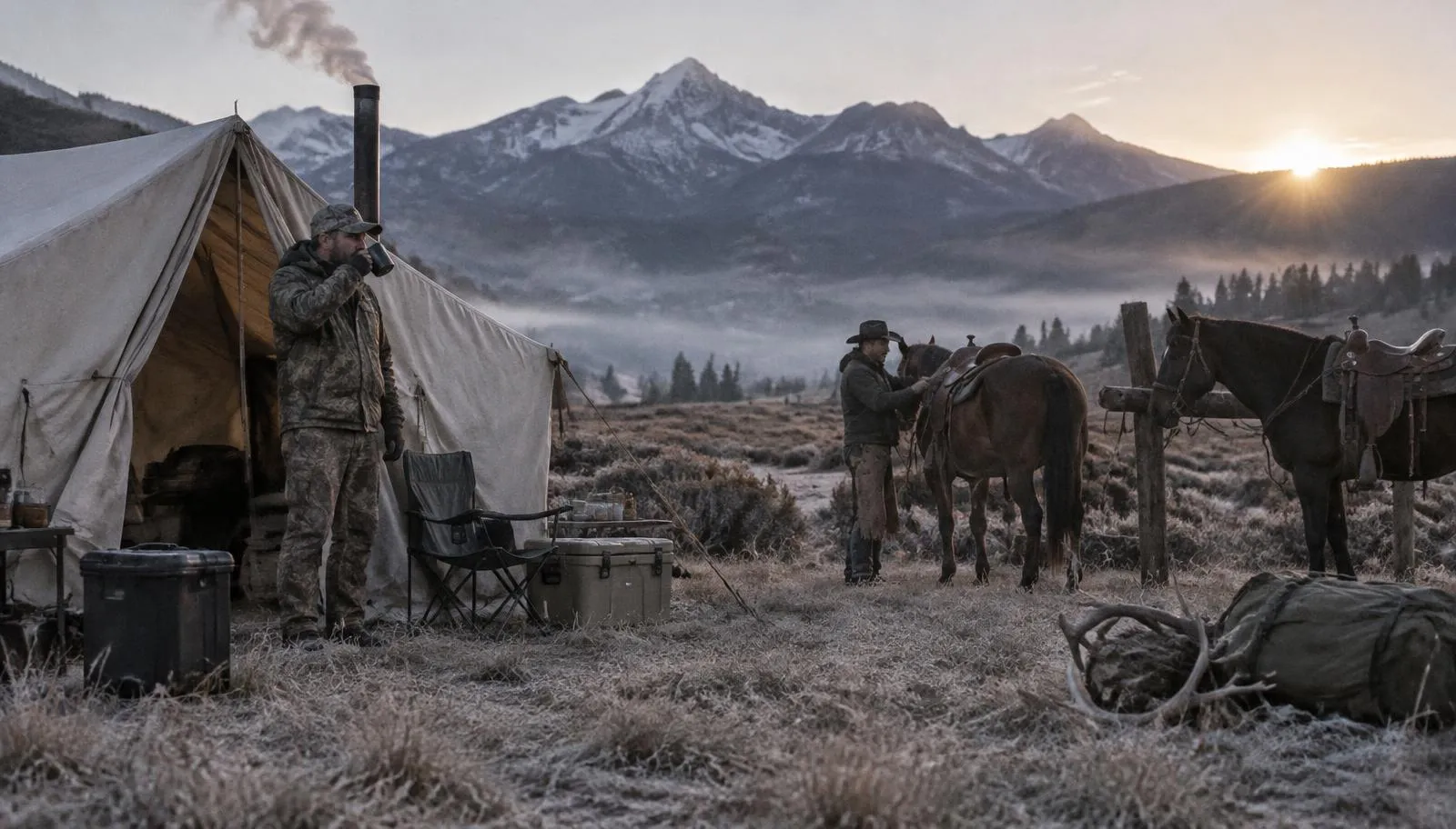Outfitter's wall-tent camp at dawn with a guide saddling horses and a hunter drinking coffee