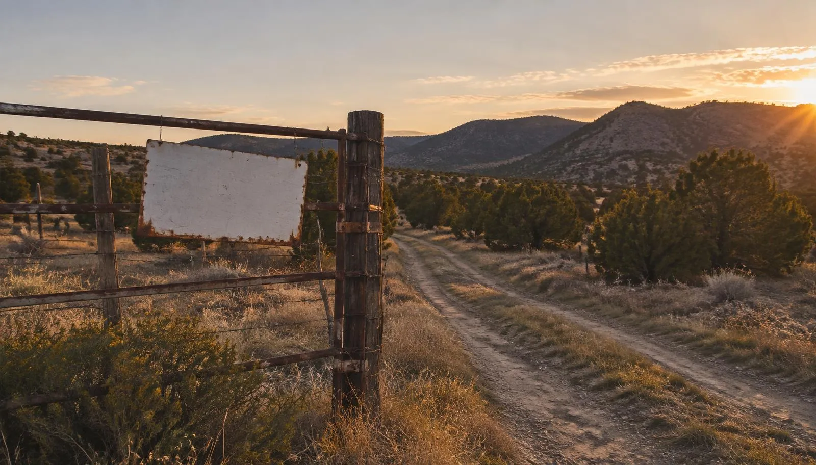 Rusted ranch gate with a blank sign beside a dirt track into New Mexico juniper hills at sunset
