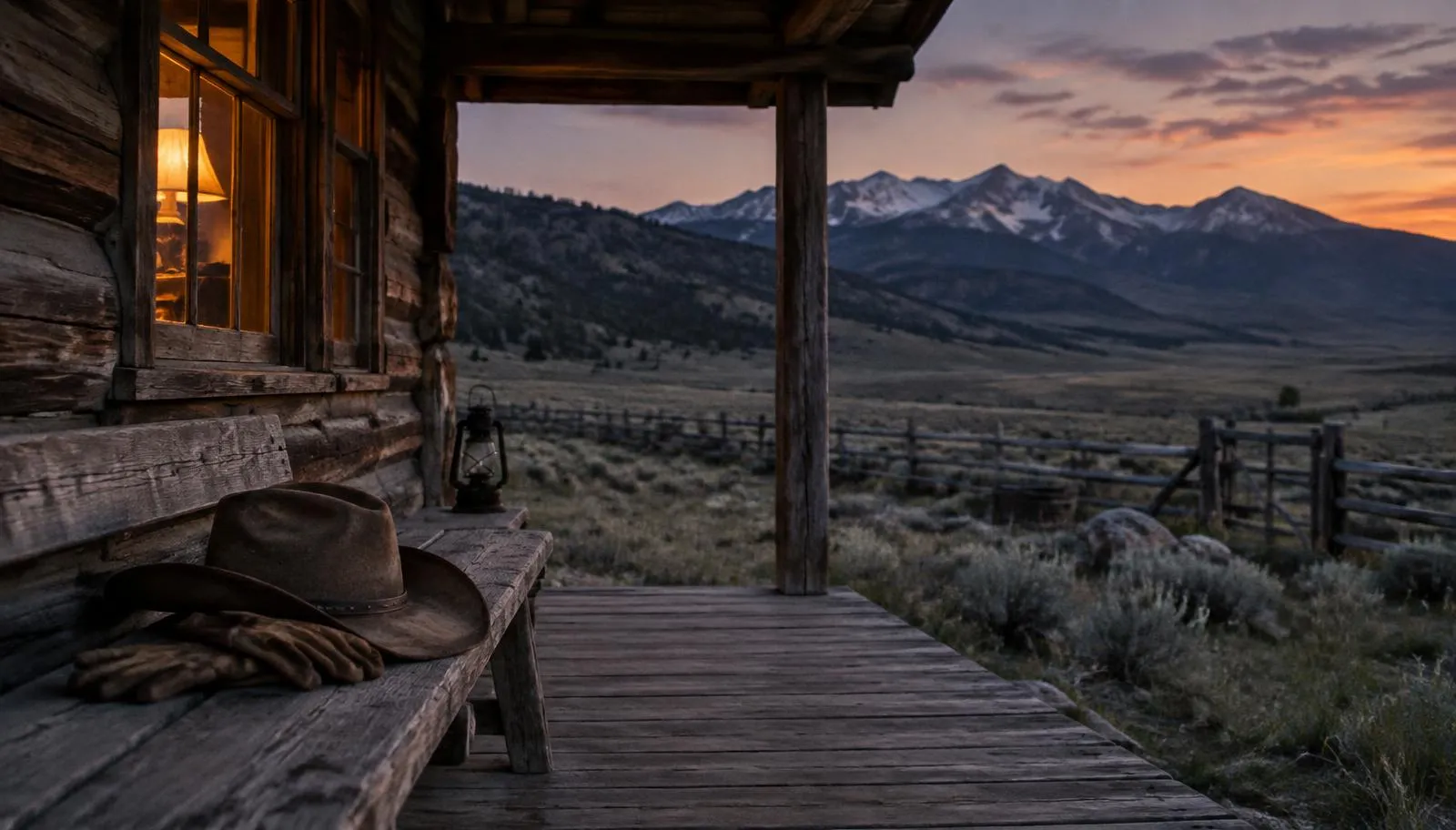 Rancher's hat and gloves on a cabin porch bench at dusk overlooking a Colorado valley