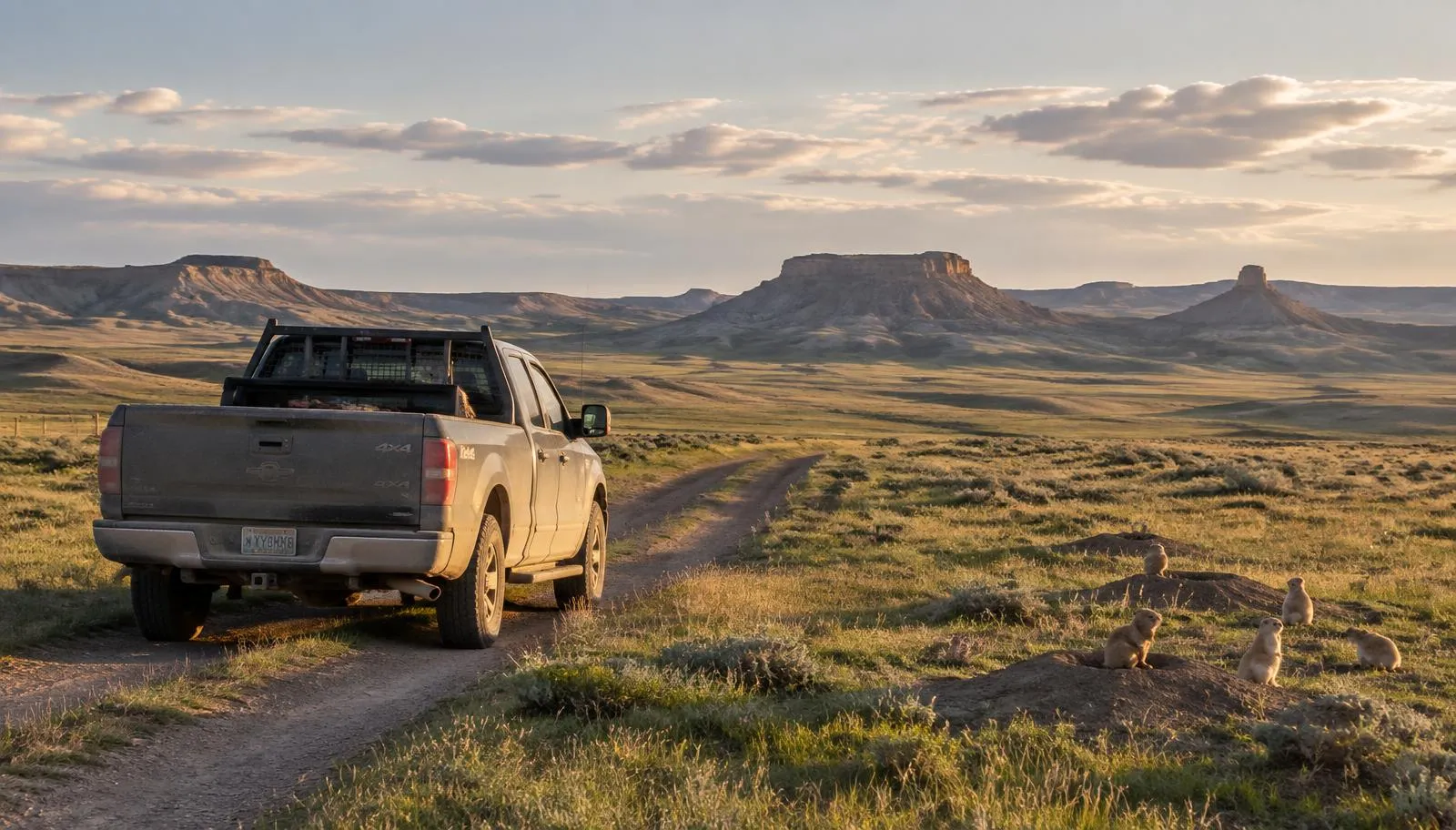 Wyoming Prairie Dog and Coyote Hunts on Private Land Ranch pickup on a two-track beside a prairie dog town, with buttes on the Wyoming high plains at golden hour